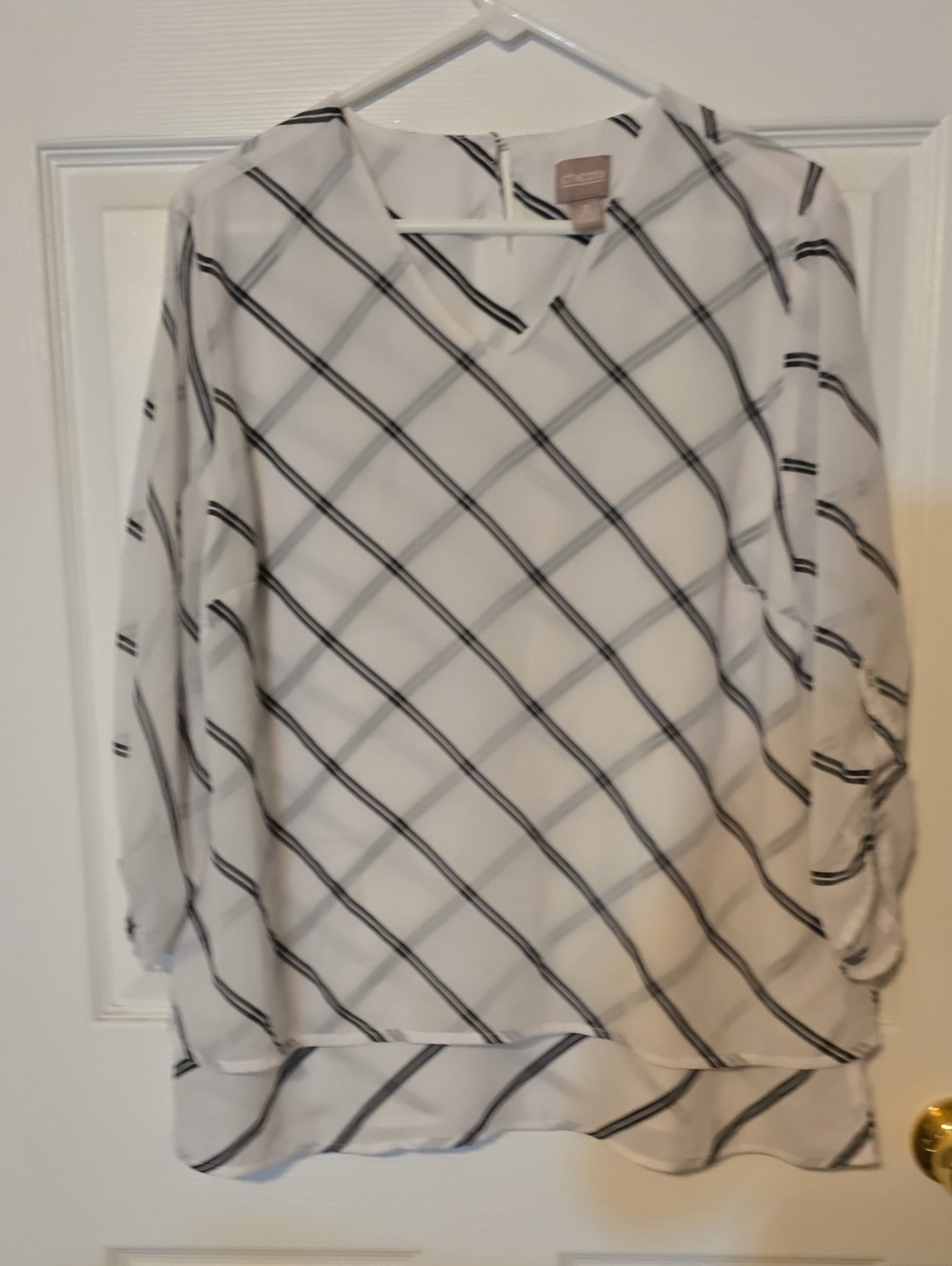 Chico's White Blouse with Black Diagonal Windowpane Stripes
